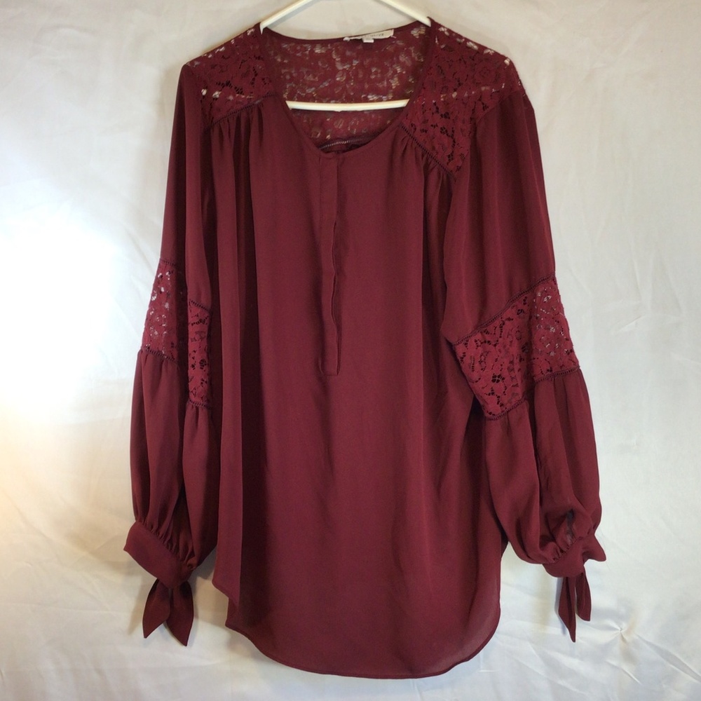 Rose + Olive Size XL Burgundy Boho Peasant Blouse Lace Bell Sleeve Cottagecore